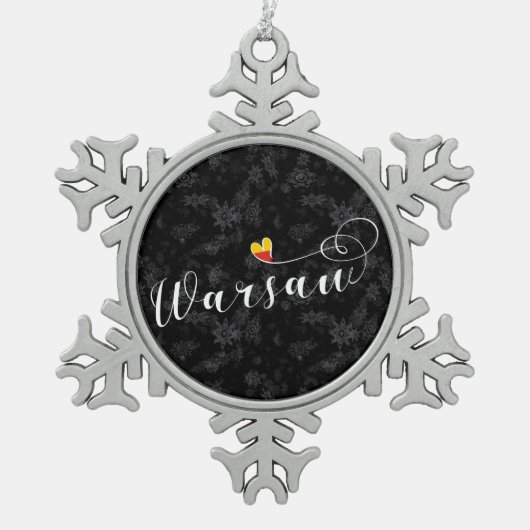 Warschauer Flaggenherz, Warschau, Polen Schneeflocken Zinn-Ornament (Vorderseite)