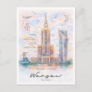 Warschauer Skyline Aquarell | Polen Stadtansicht Feiertagspostkarte