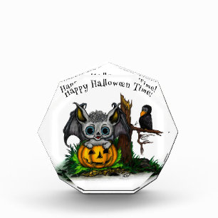 Warten auf Halloween, süße Fledermaus und Rabe Fotoblock