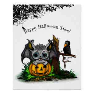 Warten auf Halloween, Süße Fledermaus und Rabe Poster