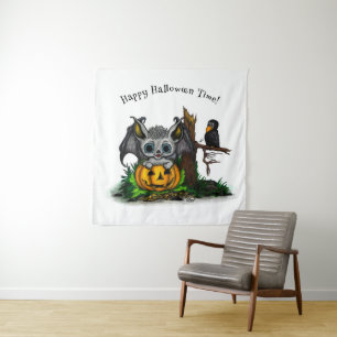 Warten auf Halloween, Süße Fledermaus und Rabe Wandteppich