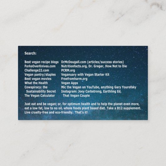 Warum gehen Sie vegan? Geschäft-artige Karte (Rückseite)
