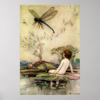 Warwick Goble Waterbaby auf einer Wasserlilie Poster
