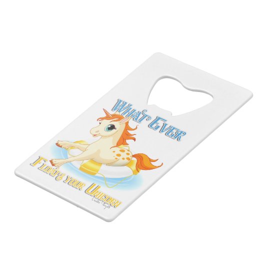 Was auch immer Ihr Einhorn schwimmt Geldkarten Flaschenöffner (Rückseite Schrägansicht)