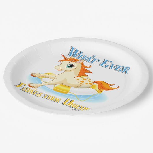 Was auch immer Ihr Einhorn schwimmt Pappteller (Schrägansicht)