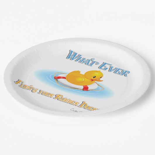 Was auch immer Ihr Gummihandschuh schwimmt Pappteller (Schrägansicht)