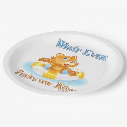 Was auch immer Ihr Kitty schwimmt Pappteller (Schrägansicht)