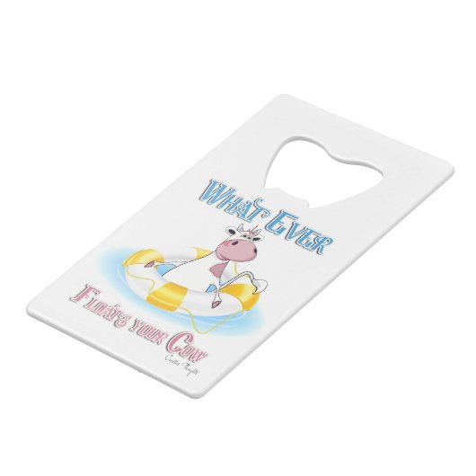 Was auch immer Ihre Kuh schwimmt 2 Kreditkarten Flaschenöffner (Rückseite Schrägansicht)