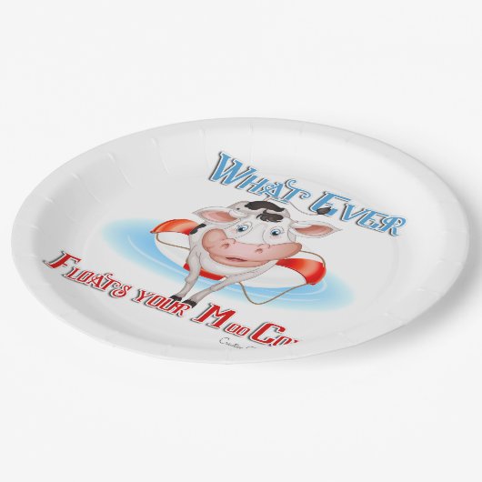 Was auch immer Ihre Mookuh schwimmt Pappteller (Schrägansicht)