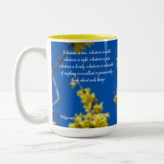 Was auch immer reizende gelbe Blumen ist Zweifarbige Tasse (Links)