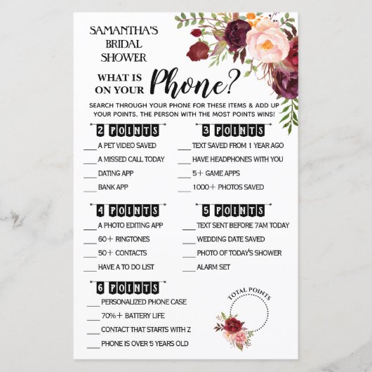 Was auf Ihrem Handy Marsala Brautparty Game (Vorderseite)