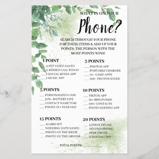 Was auf Ihrem Telefon Eukalyptus Shower Game Card Flyer (Vorne)