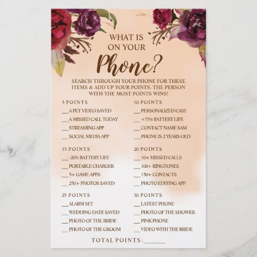 Was auf Ihrer Handy Burgundy Shower Game Card ist Flyer (Vorne)