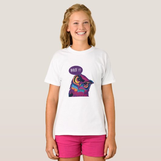 Was?, farbenfrohe Eule. T-Shirt (Vorne ganz)