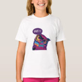 Was?, farbenfrohe Eule. T-Shirt (Vorderseite)