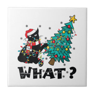 WAS Funny Black Cat Santa Pushing Weihnachtsbaum Fliese