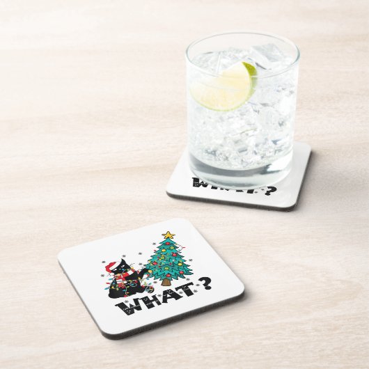 WAS Funny Black Cat Santa Pushing Weihnachtsbaum Getränkeuntersetzer (Rechte Seite)