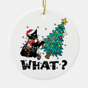 WAS Funny Black Cat Santa Pushing Weihnachtsbaum Keramik Ornament