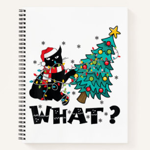 WAS Funny Black Cat Santa Pushing Weihnachtsbaum Notizblock