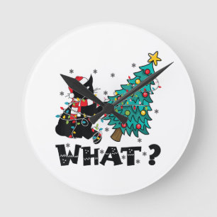 WAS Funny Black Cat Santa Pushing Weihnachtsbaum Runde Wanduhr