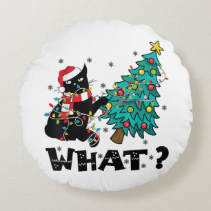 WAS Funny Black Cat Santa Pushing Weihnachtsbaum Rundes Kissen