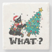 WAS Funny Black Cat Santa Pushing Weihnachtsbaum Steinuntersetzer (Vorderseite)