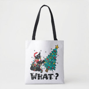 WAS Funny Black Cat Santa Pushing Weihnachtsbaum Tasche
