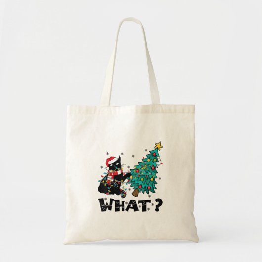 WAS Funny Black Cat Santa Pushing Weihnachtsbaum Tragetasche (Vorne)