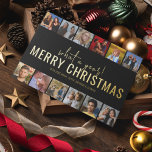 Was für ein Jahr! 12 FotoCollage | Weihnachten Folien Feiertagskarte<br><div class="desc">Eine moderne Weihnachtskarte mit 12 Ihrer Lieblingsfotos aus dem Jahr,  im Stil eines Fotos,  auf einem schwarzen Hintergrund mit einem Weihnachtsgeschenk aus Goldfolie. Schriftart Stile und Hintergrundfarbe können einfach geändert werden,  indem Sie auf den Link nach der Personalisierung anpassen klicken.</div>
