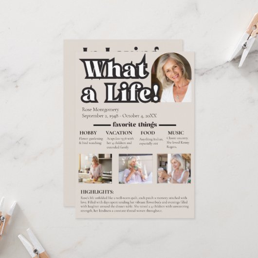 Was für ein Leben in Erinnerung an die Geschichte Einladung (Vorderseite/Rückseite Beispiel)