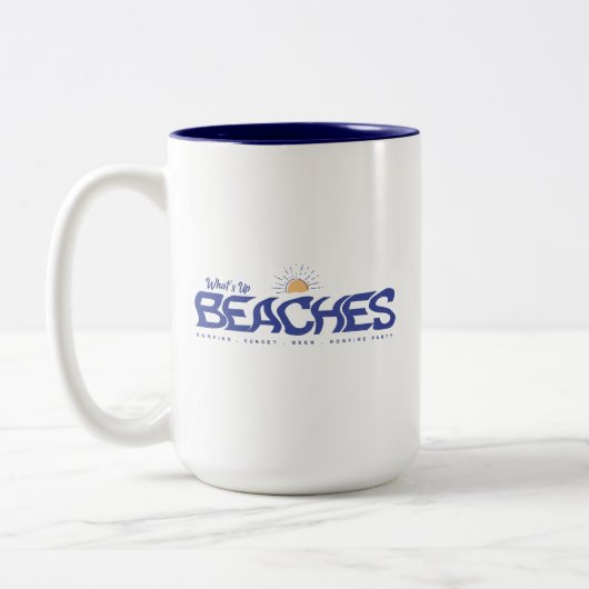 Was gibt's bis Strände Funny Beach Pun Sommerferie Zweifarbige Tasse (Links)
