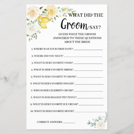 Was Groom sagt Lemon&Rose Brautparty Game Card Flyer (Vorne)