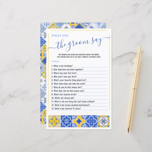 Was hat Groom gesagt, Blue Tiles Brautparty Game (Vorderseite/Rückseite Beispiel)