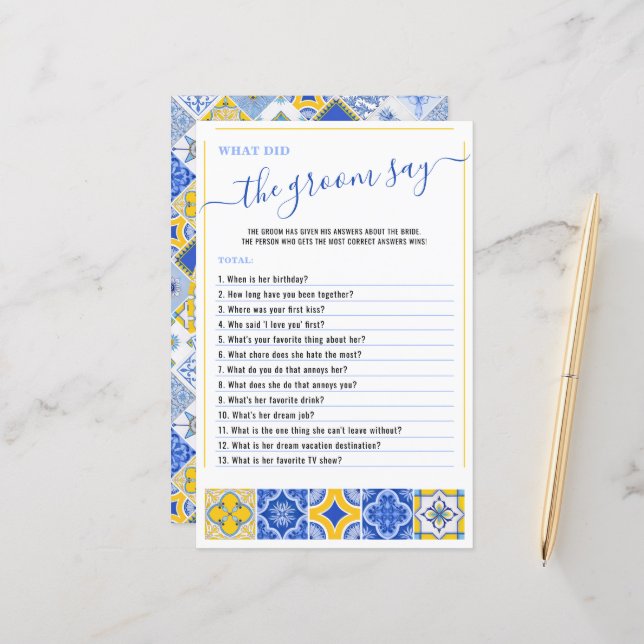 Was hat Groom gesagt, Blue Tiles Brautparty Game (Vorderseite/Rückseite Beispiel)