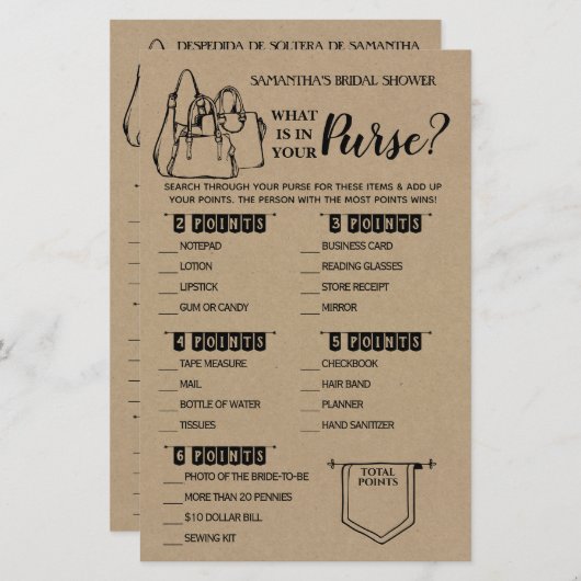 Was in Ihrem Purse rustikale Dusche zweisprachiges (Vorne/Hinten)