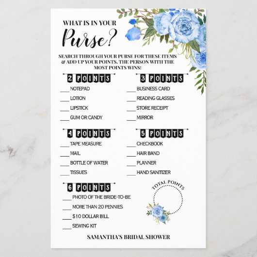 Was in Ihrer Purse Brautparty Blue Game Card entha Flyer (Vorne)