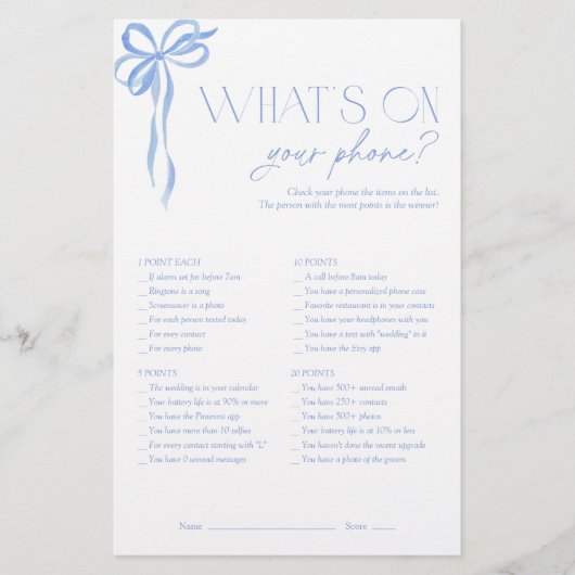 Was ist auf deinem Handy Blue Bow Brautparty Game? (Vorderseite)