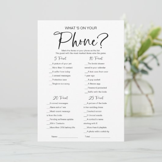 Was ist auf deinem Handy-Brautparty-Spiel? Einladung (Stehend Vorderseite)