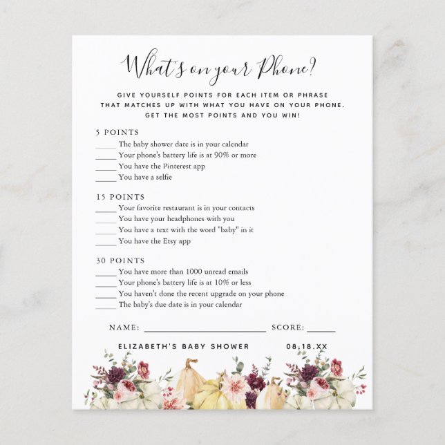 Was ist auf deinem Telefon? | Baby Showspiel (Vorderseite)