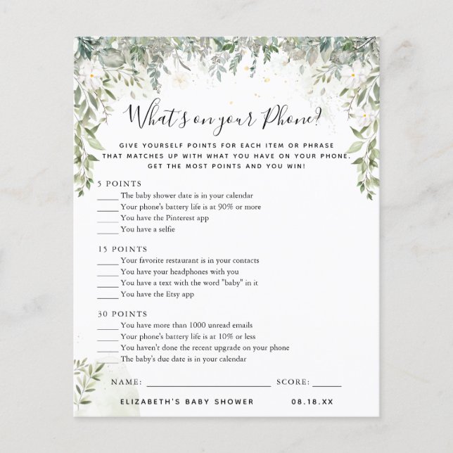 Was ist auf deinem Telefon? | Baby Showspiel (Vorderseite)