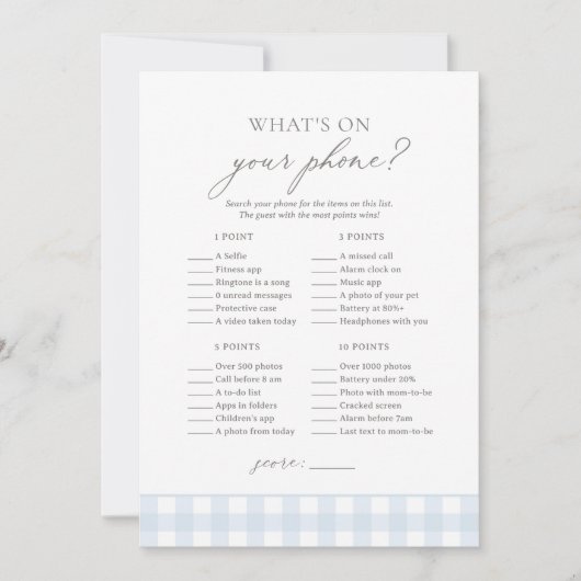 Was ist auf Ihrem Telefon Blue Gingham Baby Shower Einladung (Vorderseite)