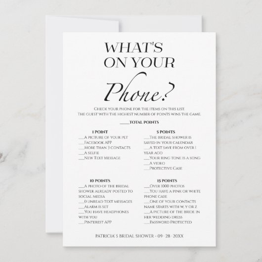 Was ist auf Ihrer Handy-Brautparty-Spielkarte? Einladung (Vorderseite)