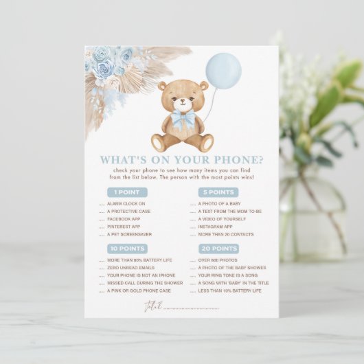 Was ist auf Ihrer Phone Baby Shower Game Card? Einladung (Stehend Vorderseite)