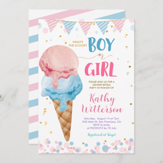 Was ist die "Scoop Ice Cream Gender Reveal"? Einladung (Vorne/Hinten)