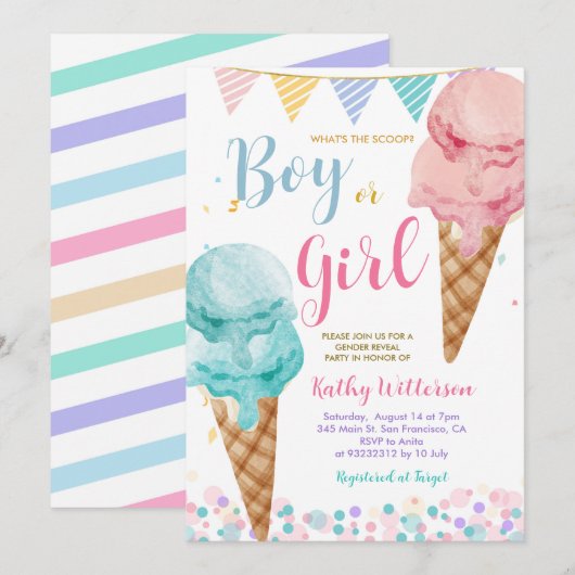 Was ist die "Scoop Ice Cream Gender Reveal"? Einladung (Vorne/Hinten)
