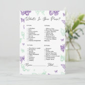 Was ist in deinem Brautparty von Purpurschmetterli Einladung (Stehend Vorderseite)