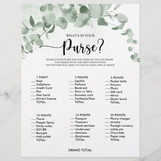 Was ist in deinem Eukalyptus-Brautparty-Spiel zu s (Vorderseite)