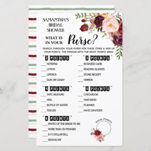 Was ist in deinem Purse Marsala Brautparty Game? (Vorne/Hinten)