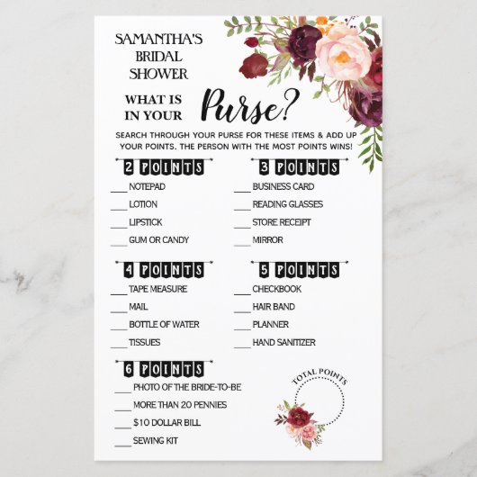 Was ist in deinem Purse Marsala Brautparty Game? (Vorderseite)