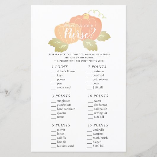 Was ist in deinem Purse Pumpkin Baby Shower Game? (Vorderseite)